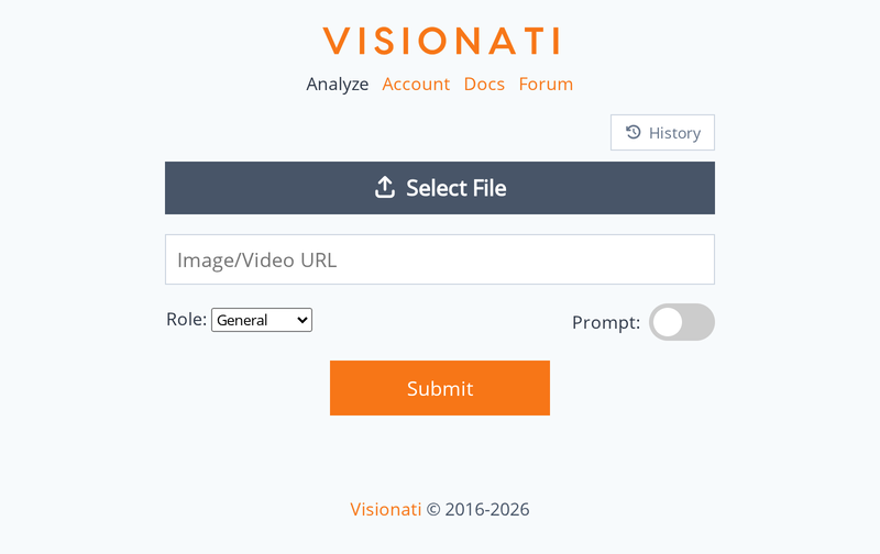 Visionati Content Analyzer showing image upload and AI analysis results