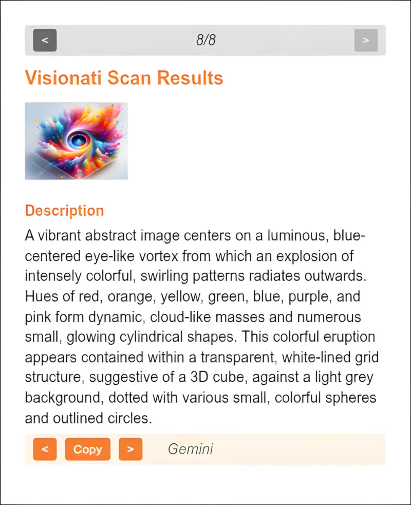 Visionati Image Scanner extension showing AI-generated image description