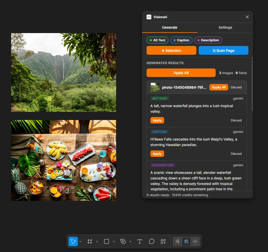 Visionati Figma plugin showing generated alt text, captions, and descriptions for two images