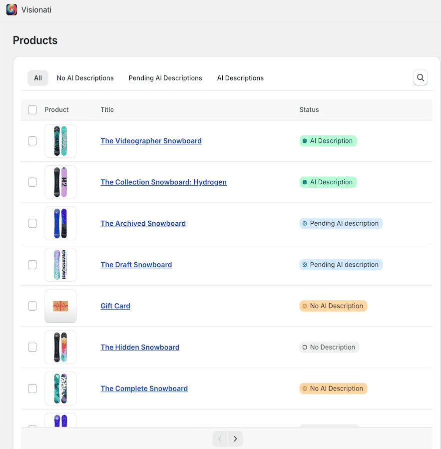 Visionati Image Captioner Shopify app showing product list with AI description status badges