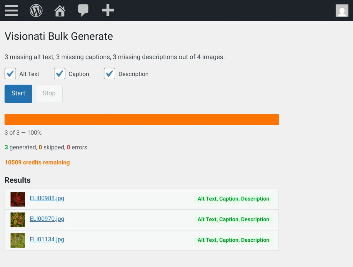 Visionati Bulk Generate page with progress bar and results log